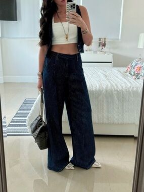 Wide Leg Pinstripe Pants & Vest - Navy